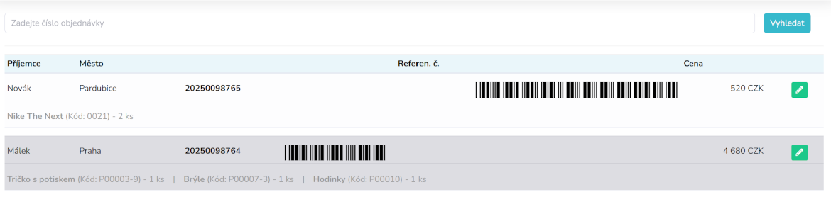 PACK Balík – přehled objednávek